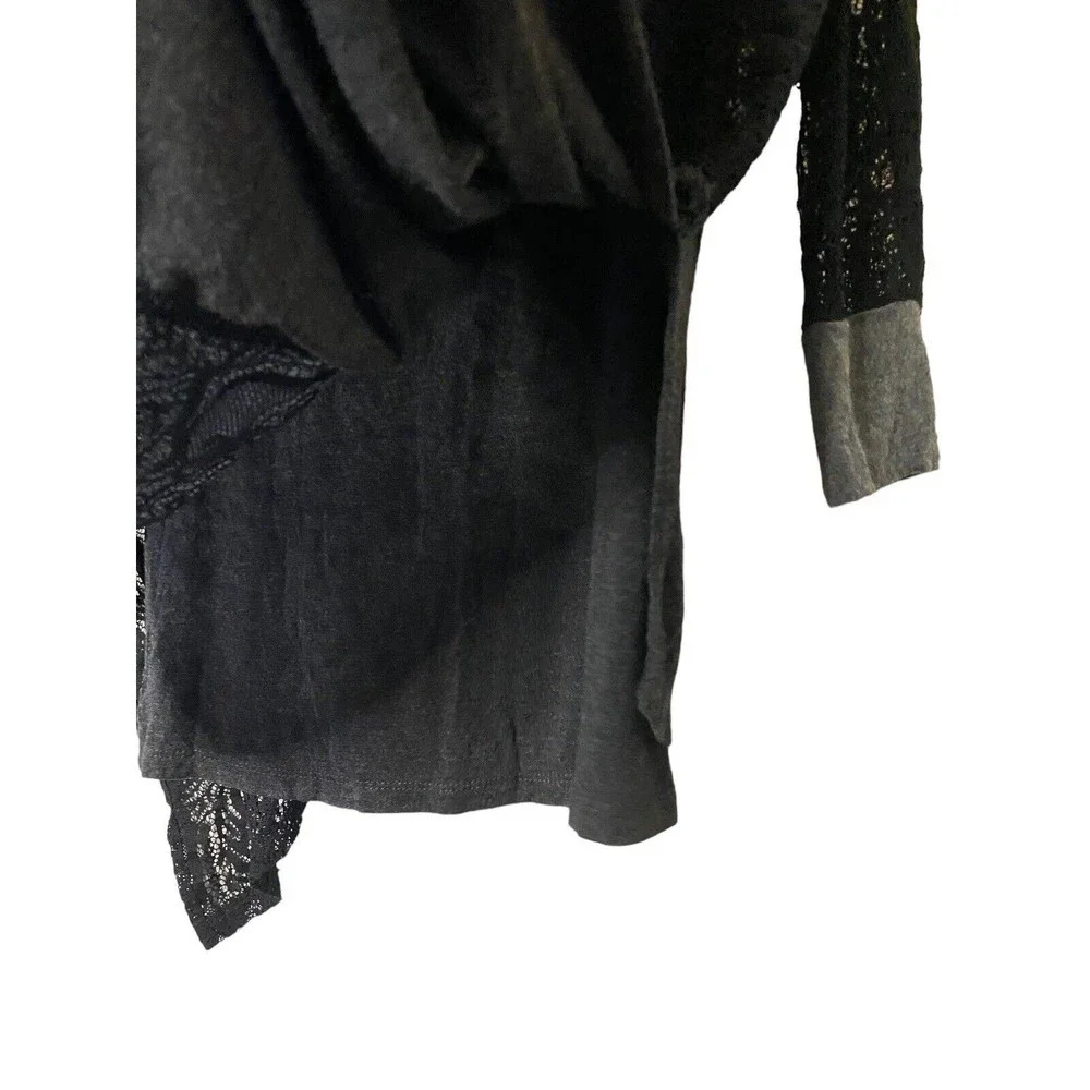 Democracy Top Black Lace Over Gray Soft Cotton Raglan color block asymetric Sz S - Picture 2 of 6